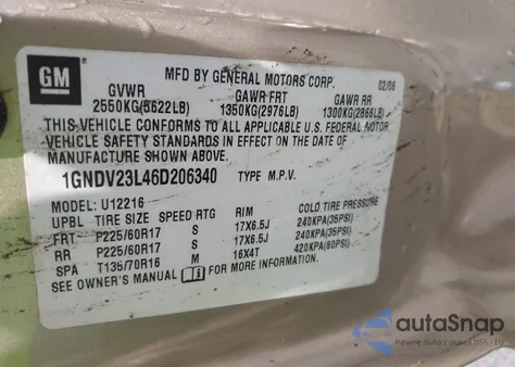 2006 Chevrolet Uplander Ls из США, поврежденный, VIN 1GNDV23L46D206340